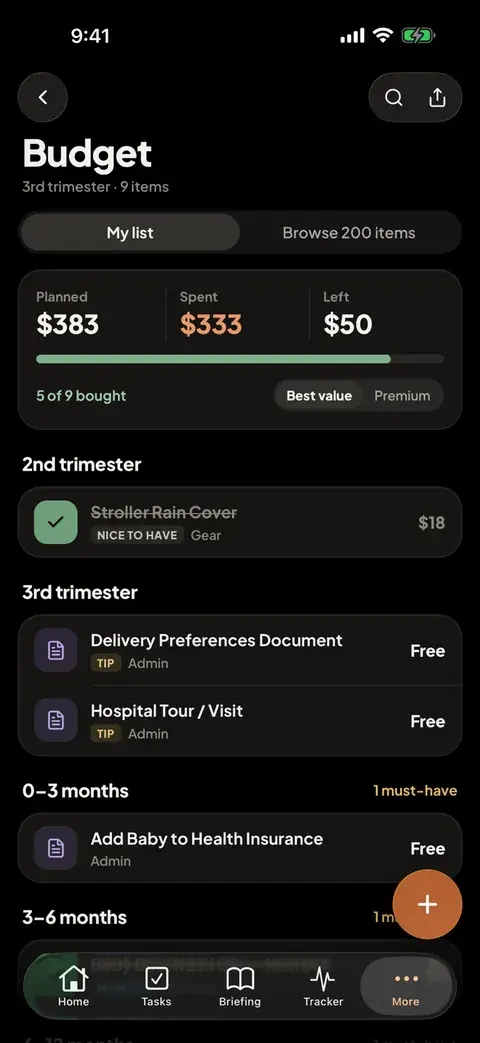 The app's budget, My list tab: $383 planned, $333 spent, $50 left and 5 of 9 items bought, grouped by phase.