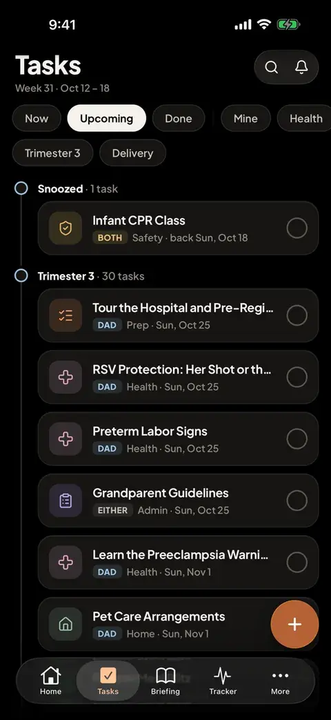 The app's Tasks screen on the Upcoming tab: third-trimester tasks with their dates and DAD, BOTH or EITHER tags, such as Tour the hospital and Preterm labor signs.