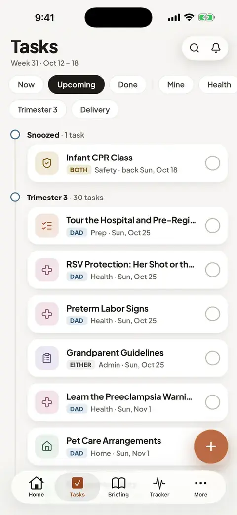 The app's Tasks screen on the Upcoming tab: third-trimester tasks with their dates and DAD, BOTH or EITHER tags, such as Tour the hospital and Preterm labor signs.