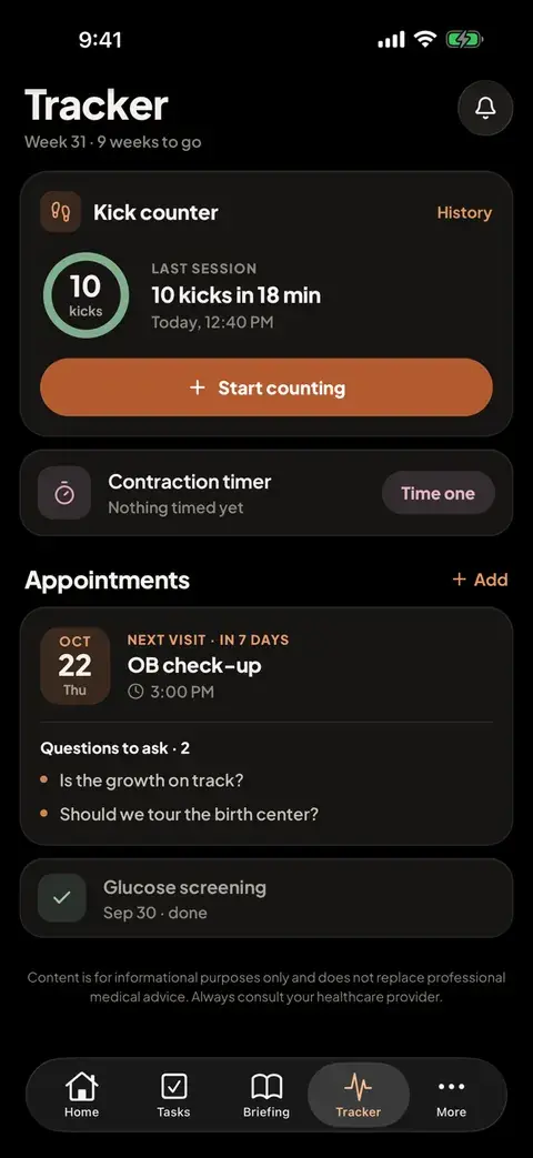 The app's Tracker: the kick counter's last session (10 kicks in 18 minutes), the contraction timer and an upcoming OB check-up with questions to ask.