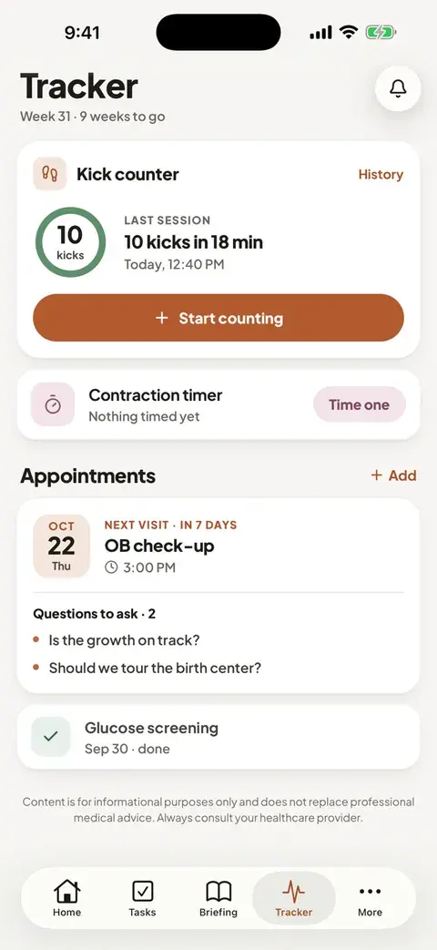 The app's Tracker: the kick counter's last session (10 kicks in 18 minutes), the contraction timer and an upcoming OB check-up with questions to ask.
