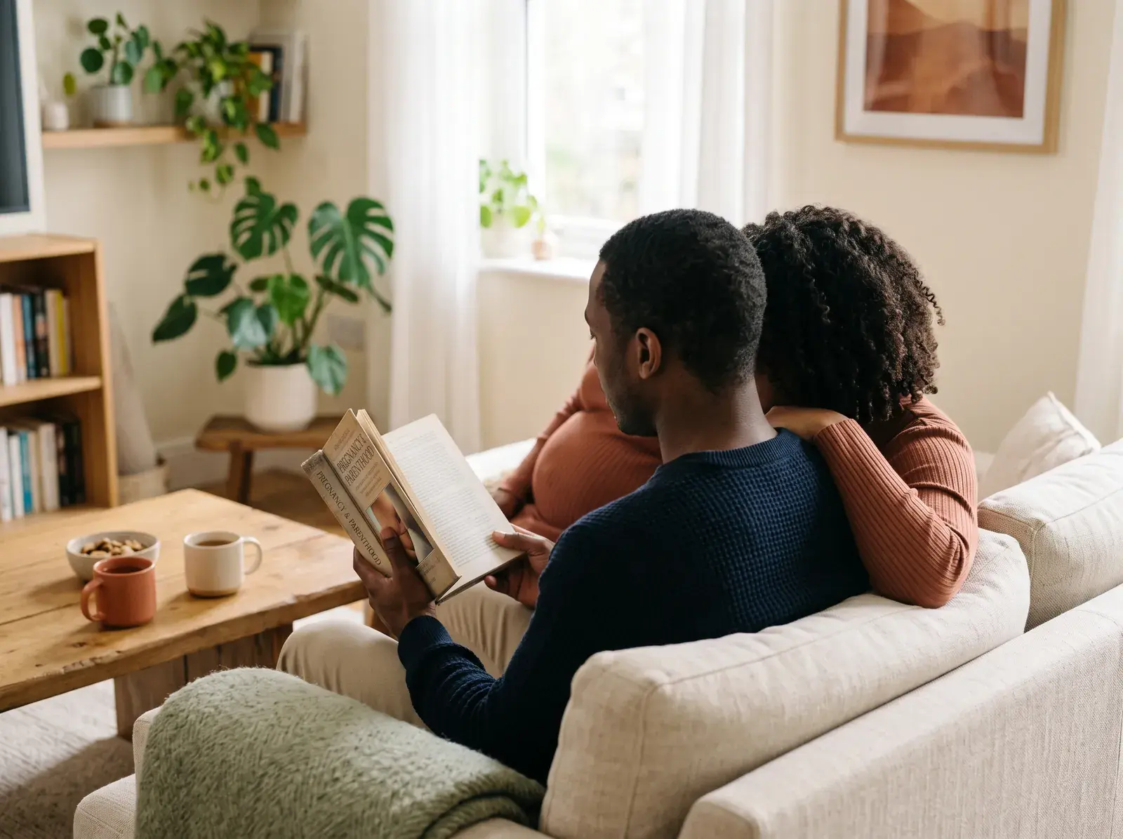 A man reading on the sofa with his pregnant partner leaning on his shoulder